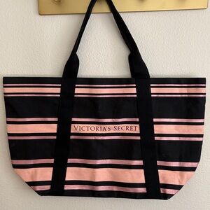 Victoria's Secret Black and Pink Striped Tote Bag